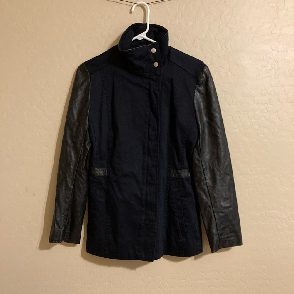 H & M Size 6 Navy W/ Black Leather Sleeves Jacket